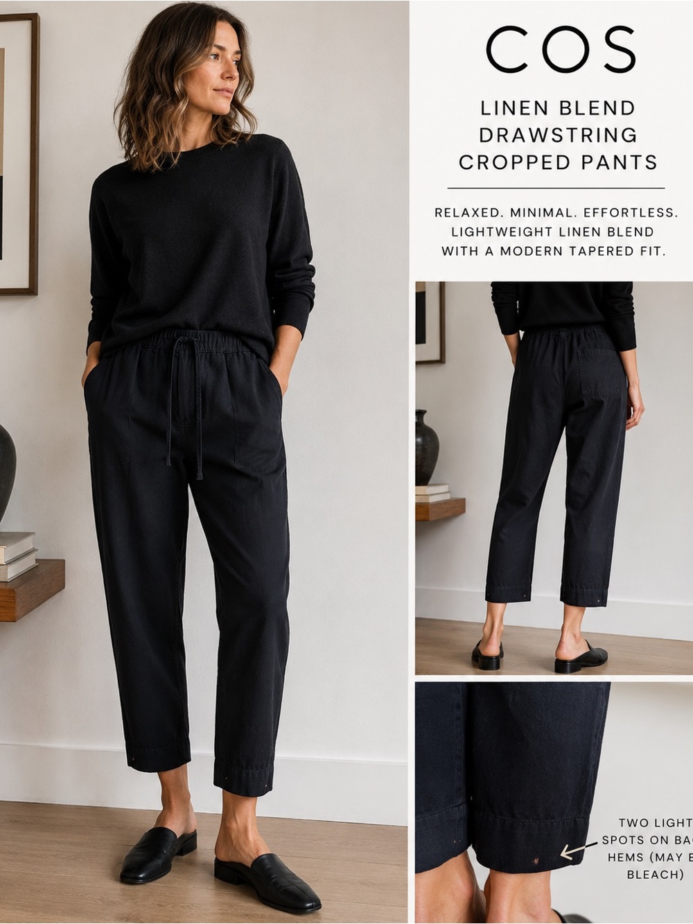 COS Black Linen Blend Drawstring Pants Jogger Trousers US 10